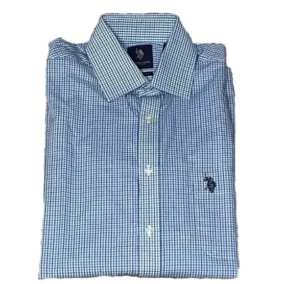 U.S. Polo Assn Checkered Blue Button Up Shirt Medium 15/15 1/2 32/33 Long Sleeve - Picture 2 of 7